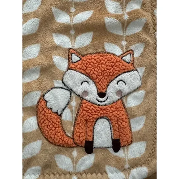 Carter’s Orange Fox & White Leaves Sherpa Tan Baby Blanket 30" x 40" - Picture 3 of 6